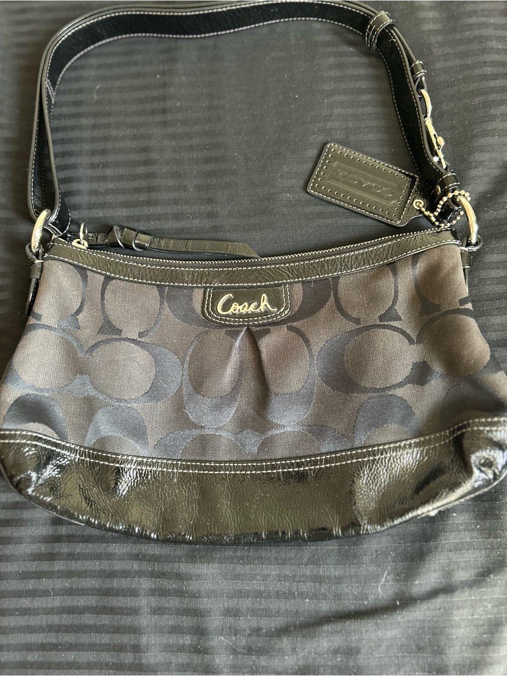 Coach Black Signature Canvas Shoulder Bag with Patent Trim